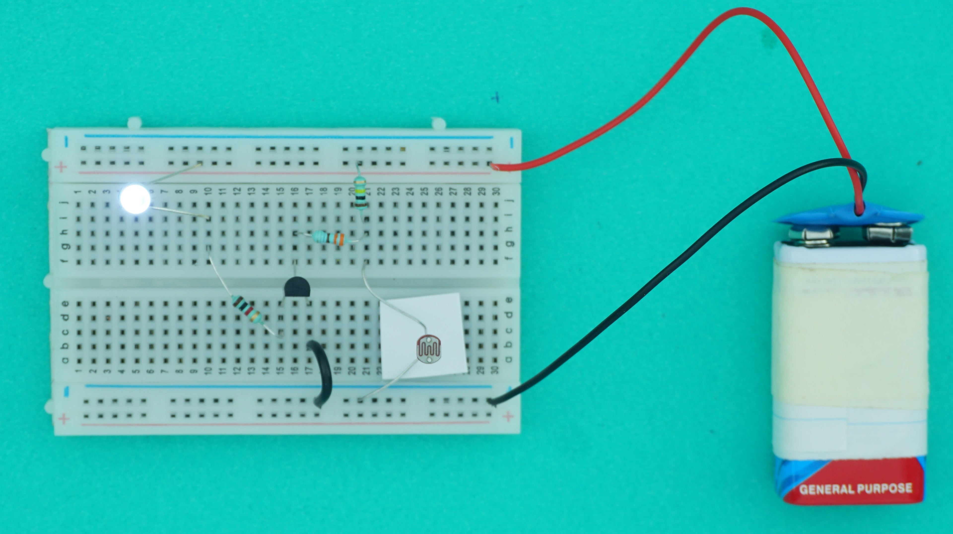 Automatic Street Light using LDR on Breadboard.